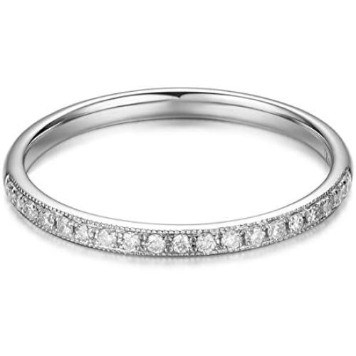 HAFEEZ CENTER 14K Solid Gold Petite Micropave Milgrain Eternity Ring Moissanite Wedding Band Ring for Women and Girls