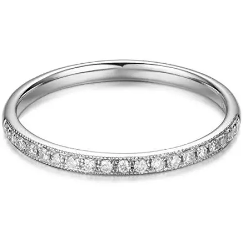 HAFEEZ CENTER 14K Solid Gold Petite Micropave Milgrain Eternity Ring Moissanite Wedding Band Ring for Women and Girls
