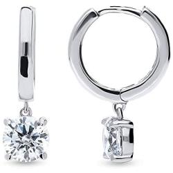 BERRICLE Rhodium Plated Sterling Silver Round Cubic Zirconia CZ Solitaire Anniversary Fashion Dangle Drop Earrings 1.6 CTW