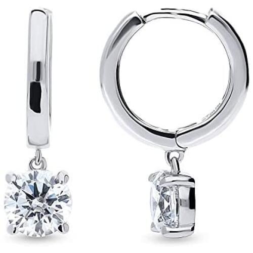 BERRICLE Rhodium Plated Sterling Silver Round Cubic Zirconia CZ Solitaire Anniversary Fashion Dangle Drop Earrings 1.6 CTW