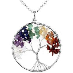 Blingsoul Tree of Life Pendant Necklace - Chakra Quartz Gemstones Silver Crystal Jewelry St. Patrick Day Gift for Women