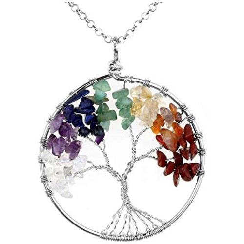 Blingsoul Tree of Life Pendant Necklace - Chakra Quartz Gemstones Silver Crystal Jewelry St. Patrick Day Gift for Women