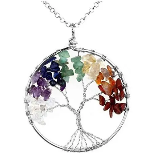 Blingsoul Tree of Life Pendant Necklace - Chakra Quartz Gemstones Silver Crystal Jewelry St. Patrick Day Gift for Women Blingsoul Tree of Life Pendant Necklace - Chakra Quartz Gemstones Silver Crystal Jewelry St. Patrick Day Gift for Women