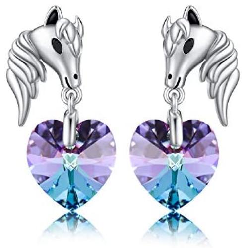 TOUPOP S925 Sterling Silver Horse Earrings Dangle Drop Earrings with Purple Crystal Good Luck Horse Jewelry Gifts For Girls Women Horse Lovers Birthday Mother’s day Gifts