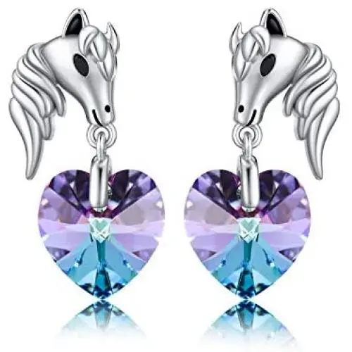 TOUPOP S925 Sterling Silver Horse Earrings Dangle Drop Earrings with Purple Crystal Good Luck Horse Jewelry Gifts For Girls Women Horse Lovers Birthday Mother’s day Gifts