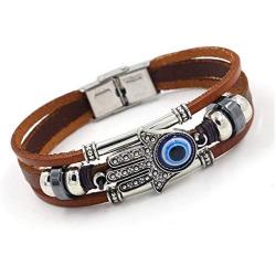Leather Evil Eye Bracelet Wristband Vintage Three-Row Leather Hamsa Hand Blue Eyes Bracelet Retro Multi-Layer Rope Wrap Bracelet Handmade Devils Eye Bangle Strand Bracelet Turkish Jewelry