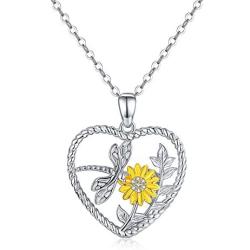 CHENGHONG Dragonfly Necklace 925 Sterling Silver Heart Sunflower Pendant Necklace Dragonfly Jewelry Gifts for Women Girls