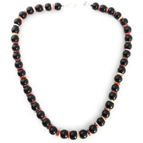Masha Sterling Silver Necklace Black Onyx, Spiny Oyster, Made in USA - Exclusive Southwestern Handmade Jewelry, 18'' in Length