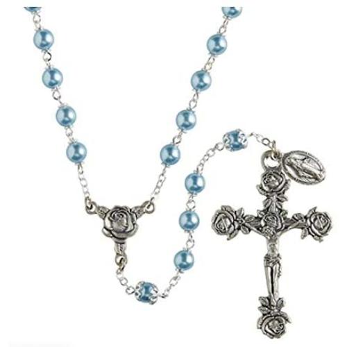 Holly Lines Swarovski Pearl Heritage Collection Catholic Rosary Case and Pouch, Creed 6 mm Beaded Rosary in Hard-Side Black Case with Ave Maria Zippered Pouch and Rosary Mysteries Card