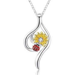 Sunflower Necklace for Women 925 Sterling Silver You are My Sunshine Sunflower Jewelry Ladybug Pendant Necklace Gifts for Mom Girlfriend