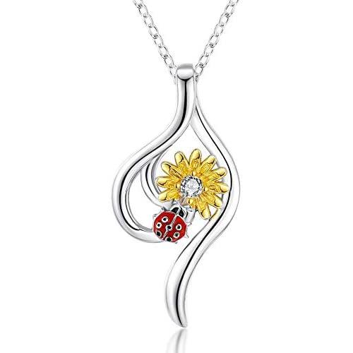 Sunflower Necklace for Women 925 Sterling Silver You are My Sunshine Sunflower Jewelry Ladybug Pendant Necklace Gifts for Mom Girlfriend