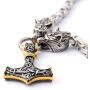 GUNGNEER Thors Hammer Pendant Mixed Gold Color Viking Mjolnir Necklace for Men with Wolf Head Square Chain, 316L Stainless Steel Bonus 2 Rune Beads