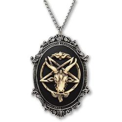 Antiqued Goat Head Satanic Baphomet Cameo Bone on Black in Silver Finish Frame Pendant Necklace