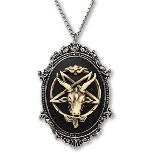Antiqued Goat Head Satanic Baphomet Cameo Bone on Black in Silver Finish Frame Pendant Necklace Antiqued Goat Head Satanic Baphomet Cameo Bone on Black in Silver Finish Frame Pendant Necklace