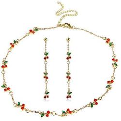 Pingyongchang Vintage Cherry Charm Bling Shiny Crystal Cherry Choker Necklace Earring 14K Gold Plated Dainty Adjustable Clavicle Chain Personalized Jewelry Set Gifts