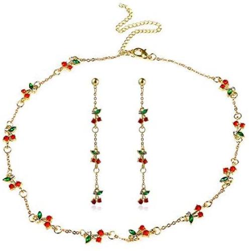 Pingyongchang Vintage Cherry Charm Bling Shiny Crystal Cherry Choker Necklace Earring 14K Gold Plated Dainty Adjustable Clavicle Chain Personalized Jewelry Set Gifts