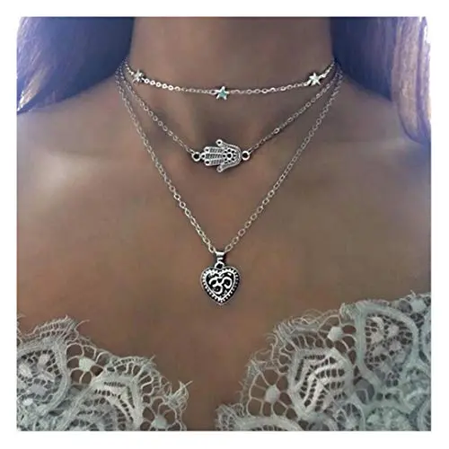 Chargances Women Heart and Palm Pendant Necklace Silver Choker Necklace Bohemia Three Layered Necklace Delicate Long Choker Chain Jewelry for Prom Party Festival Dating Gift for Women and Girls Chargances Women Heart and Palm Pendant Necklace Silver Choker Necklace Bohemia Three Layered Necklace Delicate Long Choker Chain Jewelry for Prom Party Festival Dating Gift for Women and Girls