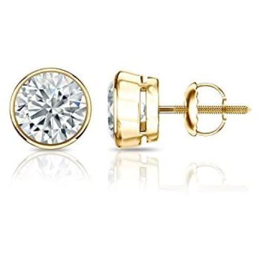 1/4 to 2 Carat Diamond Round Stud Earrings in 14k Yellow or White Gold (H-I, I2-I3, cttw) Bezel Set Screw Back by Diamond Wish