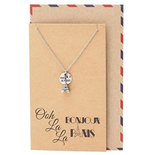 Quan Jewelry Eiffel Tower Pendant Travel Necklace, Gifts for Travelers, Bonjour Paris Inspirational Card, Anniversary Romantic Gifts for Her