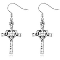 SENFAI Fashion Heart with Crystal Cross Personality Drop Earrings Charm Women Girls