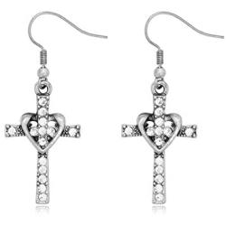 SENFAI Fashion Heart with Crystal Cross Personality Drop Earrings Charm Women Girls