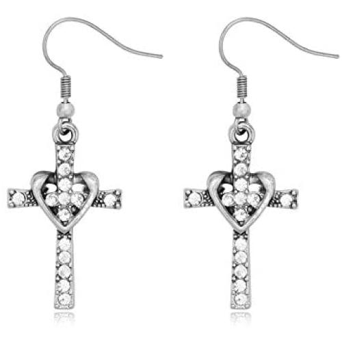 SENFAI Fashion Heart with Crystal Cross Personality Drop Earrings Charm Women Girls