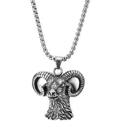 COOLSTEELANDBEYOND Mens Women Steel Vintage Goat Head Pendant Necklace, Biker Punk Rock, 30 Inches Wheat Chain, Unique