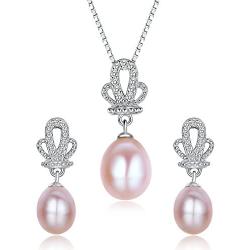 Stunning Flawless Pearl Stud Earrings & Silver Chain Pendant Set| Impeccable Quality Natural, Flawless Freshwater Pearl & 925 Sterling Silver| The Most Unique Fashion Jewelry Set (2 | Pink Pearls)