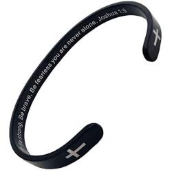 RENYILIN Black Stainless Steel Religion Quotes Faith in Christian Bible Verses Inspiring Cuff Bracelets