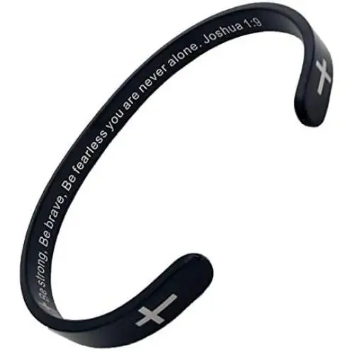 RENYILIN Black Stainless Steel Religion Quotes Faith in Christian Bible Verses Inspiring Cuff Bracelets