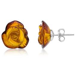 Amber Sterling Silver Carved Rose Stud Earrings.
