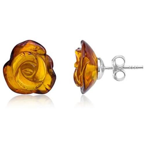 Amber Sterling Silver Carved Rose Stud Earrings.
