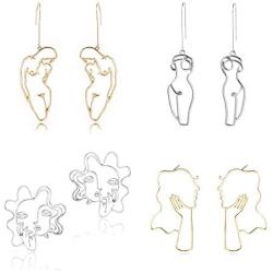 4 Pairs Abstract Face Earrings Set Original Freedom Female Body Form Wire Earrings Funny Hollow Face Dangle Stud Earrings Abstract Body Lady Face Dangle Earrings for Women Girls