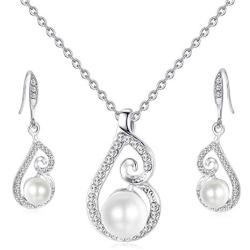 OUFO Crystal Silver Plated Faux Pearl Jewelry Set for Women Necklace and Earrings Pendant Necklaces Sets for Wedding Gifts