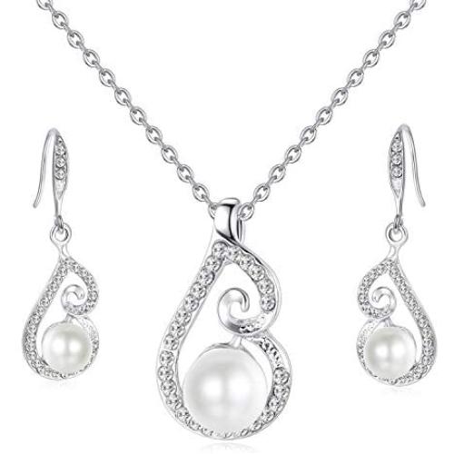 OUFO Crystal Silver Plated Faux Pearl Jewelry Set for Women Necklace and Earrings Pendant Necklaces Sets for Wedding Gifts