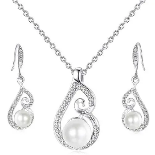 OUFO Crystal Silver Plated Faux Pearl Jewelry Set for Women Necklace and Earrings Pendant Necklaces Sets for Wedding Gifts OUFO Crystal Silver Plated Faux Pearl Jewelry Set for Women Necklace and Earrings Pendant Necklaces Sets for Wedding Gifts