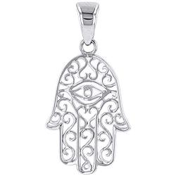 Solid 14K White Gold Filigree Hamsa Hand of Fatima with Evil Eye Charm Pendant