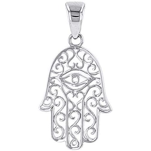 Solid 14K White Gold Filigree Hamsa Hand of Fatima with Evil Eye Charm Pendant