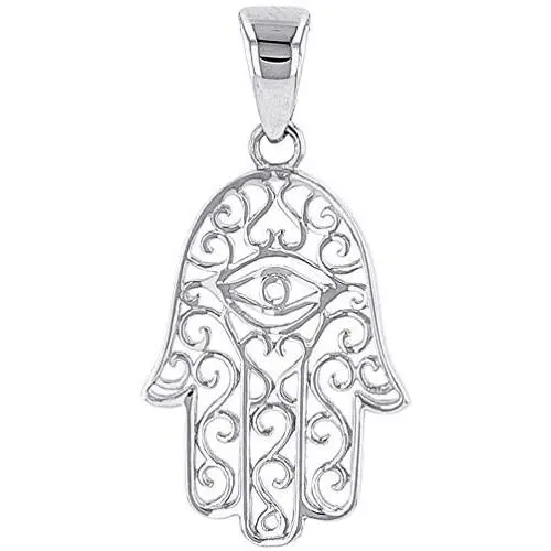 Solid 14K White Gold Filigree Hamsa Hand of Fatima with Evil Eye Charm Pendant Solid 14K White Gold Filigree Hamsa Hand of Fatima with Evil Eye Charm Pendant