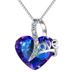 Esottia Love Heart Pendant Necklace for Women, Made with Sapphire Blue Swarovski Crystals September Birthstone Jewelry Gifts for Sister Girlfriend Wife Mother (18''+2'', Silver-Tone)