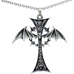 Gothic Jewelry winged Bat Vampire Cross Occult Magic Wicca Pagan Medieval Renaissance Pewter Unisex Mens Pendant Necklace Charm Protection Amulet Talisman for men w Silver Stainless Steel Chain