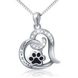 FLYOW 925 Sterling Silver Cute Paw Print Forever Love Heart Pendant Necklace/Bracelet/Stud Earrings Gift for Women Teen Girls, Box Chain 18''