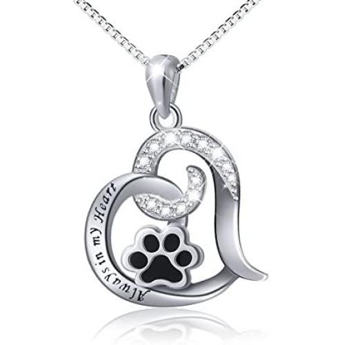 FLYOW 925 Sterling Silver Cute Paw Print Forever Love Heart Pendant Necklace/Bracelet/Stud Earrings Gift for Women Teen Girls, Box Chain 18''