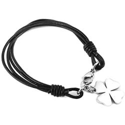 HZMAN Unisex Leather Stainless Steel Lucky Charm 4-Leaf Clover Irish Good Luck Bracelet, Braided Cuff Bangle