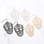 Sugar Skull Goth Punk Halloween Earrings - Calavera Lightweight Metallic Cutout Filigree Hook Dangles, Enamel, Acrylic Pearl Studs