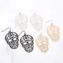 Sugar Skull Goth Punk Halloween Earrings - Calavera Lightweight Metallic Cutout Filigree Hook Dangles, Enamel, Acrylic Pearl Studs