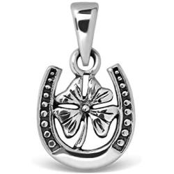 WithLoveSilver 925 Sterling Silver Horseshoe with Four Leaf Lucky Clover Good Luck Pendant