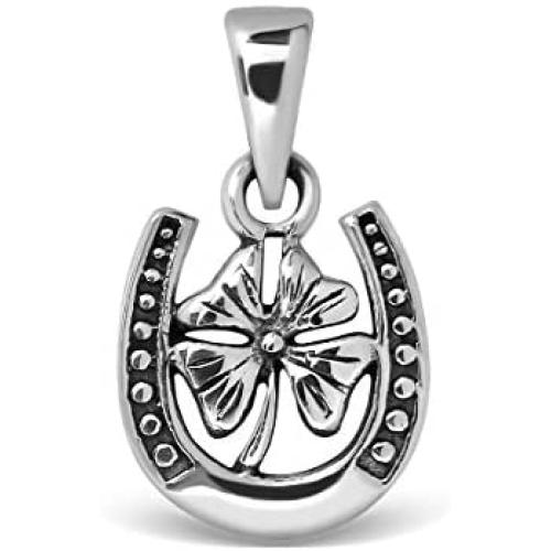 WithLoveSilver 925 Sterling Silver Horseshoe with Four Leaf Lucky Clover Good Luck Pendant