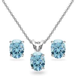 Sterling Silver 8x6mm Oval-Cut Solitaire Pendant Necklace & Stud Earrings Set Made w/Swarovski Crystals