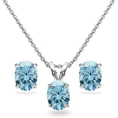 Sterling Silver 8x6mm Oval-Cut Solitaire Pendant Necklace & Stud Earrings Set Made w/Swarovski Crystals